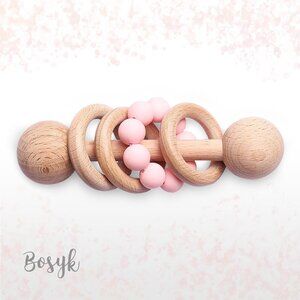 NEW-Wood Rattles Pink -Toys Wood - Baby Girls - teething bracelet - teething toy